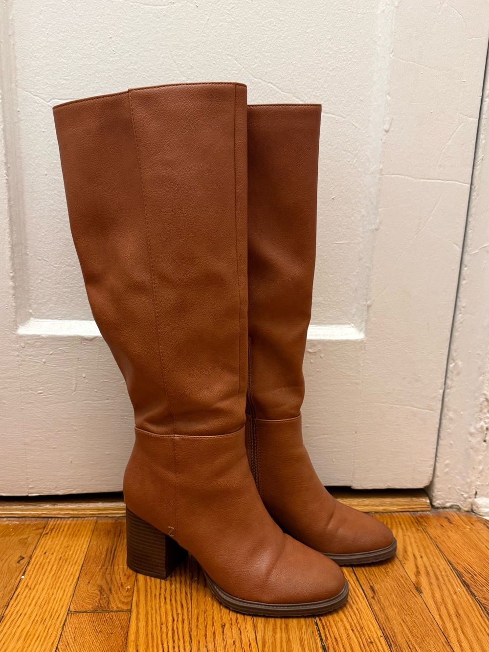 Tall Brown Leather Knee-High Heeled Boots